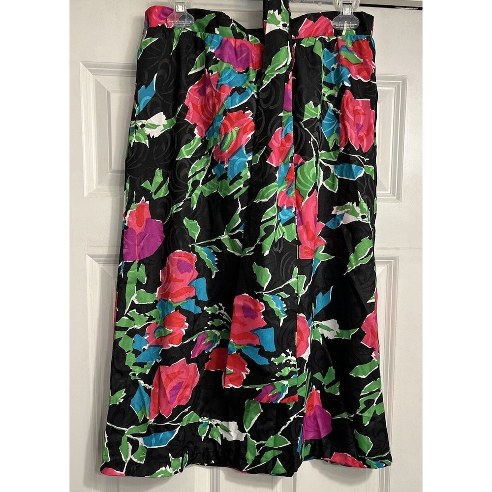 Vtg 80s Anthony Sicari Small Bright Abstact Floral Satin Midi Skirt Belt Sash
